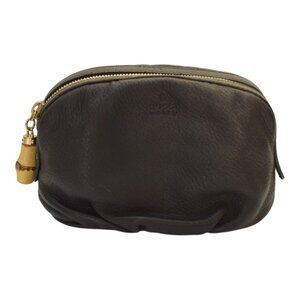GUCCI Vintage Black Leather Bamboo Zip Clutch Bag in black soft leather